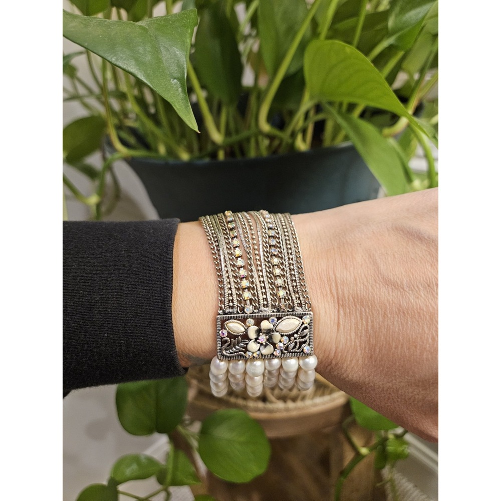 Vintage‎ Freshwater Pearl and Rhinestone Multi Strand Chain Cuff Bracelet Silver